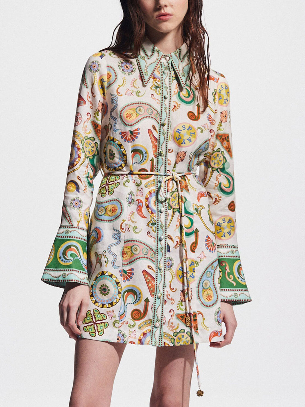 Collared Button Front Bell Sleeve Paisley Print Tie Waist Shirt Mini Dress