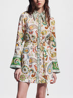 Collared Button Front Bell Sleeve Paisley Print Tie Waist Shirt Mini Dress