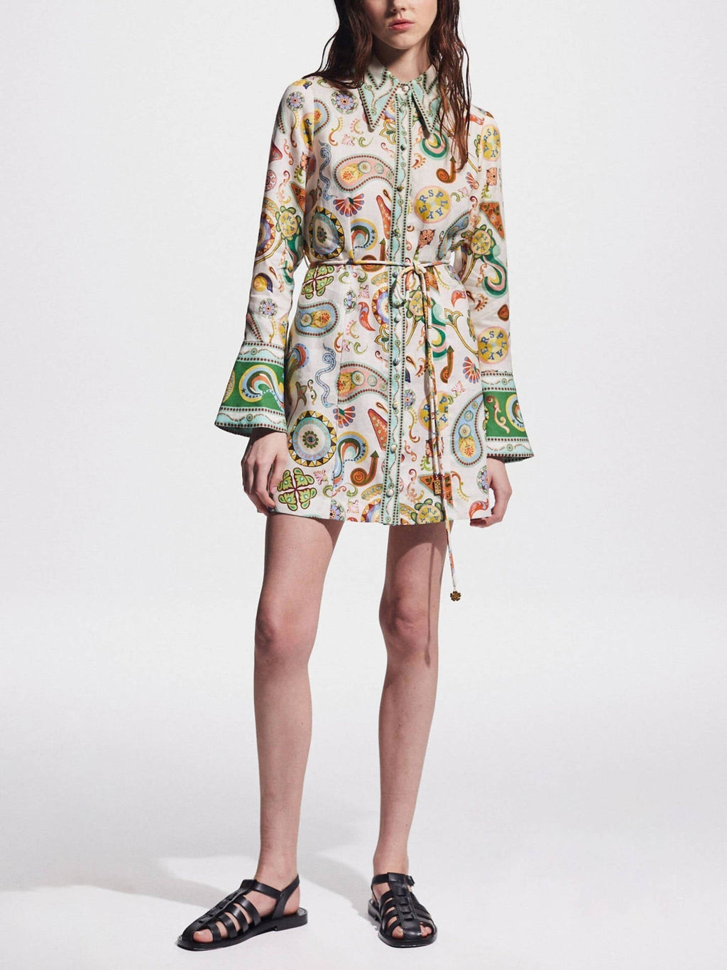 Collared Button Front Bell Sleeve Paisley Print Tie Waist Shirt Mini Dress