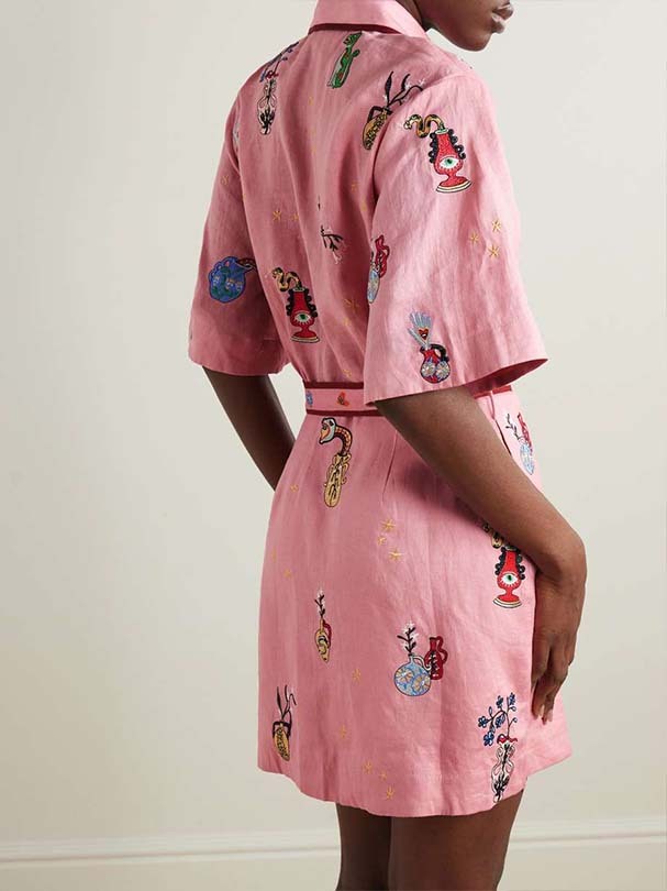 Whimsical Embroidery Shirt Collar Button Tie Waist Mini Dress