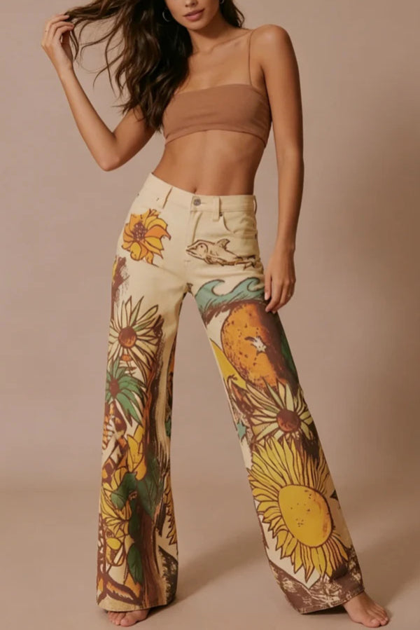 We The Free Denim Playful Doodle Printed Mid Rise Pocket Wide Leg Jeans