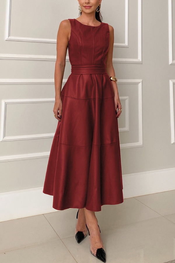 Faux Leather Princess Seam Waist Belt Tiered A-Line Midi Dress