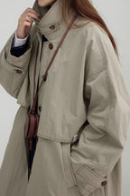 Vintage Stand Collar  Wash Long Overcoat
