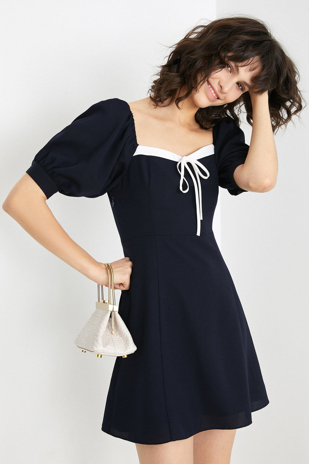Square Neck Puff Sleeve Contrast Trim Tie Front A-Line Mini Dress