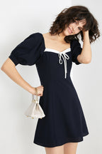Square Neck Puff Sleeve Contrast Trim Tie Front A-Line Mini Dress