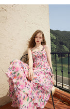 Square Neck Smocked Bodice Tiered Ruffle Floral Print Maxi Dress