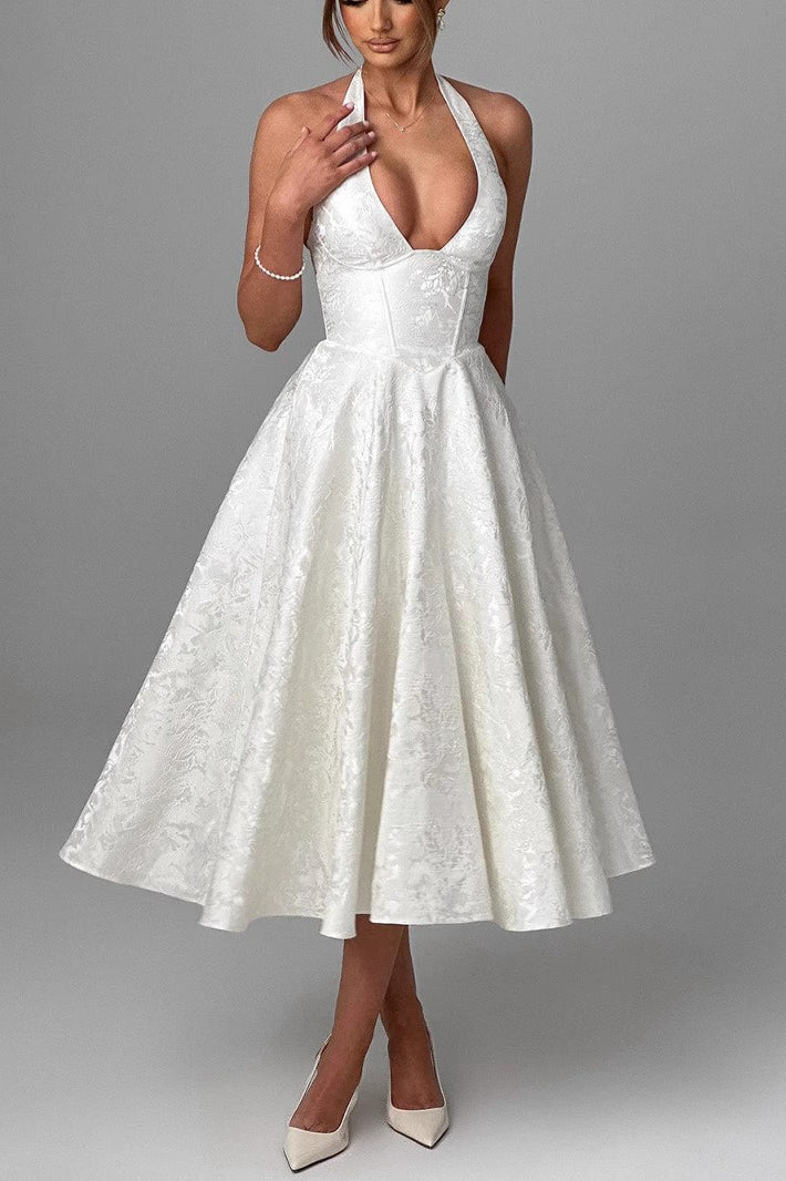 Jacquard Halter Neck Deep V-Neck Bustier Pleated A-Line Midi Dress