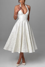 Jacquard Halter Neck Deep V-Neck Bustier Pleated A-Line Midi Dress