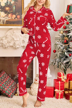 Snowflake Candy Print Casual Long-sleeved Shirt and Elastic Waist Pants Set