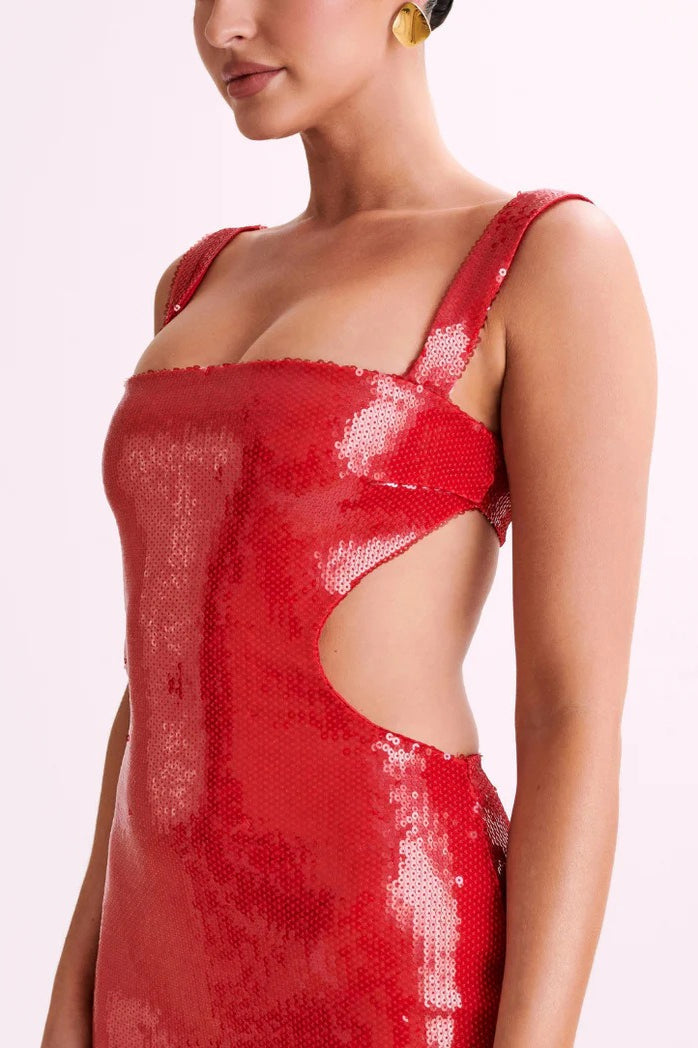 Sequin Square Neck Wide Strap Waist Cut Out Bodycon Maxi Gown