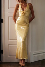 Sequin Deep V-Neck 3D Floral Applique Bodycon Maxi Gown