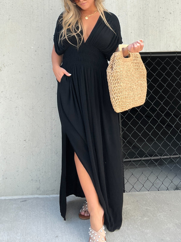 Deep V-Neck Flutter Sleeve Smocked Waist Pocket Side Slit Maxi Dress