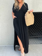Deep V-Neck Flutter Sleeve Smocked Waist Pocket Side Slit Maxi Dress