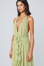 Xavif Green 3D Flower Ruffled Maxi Dress