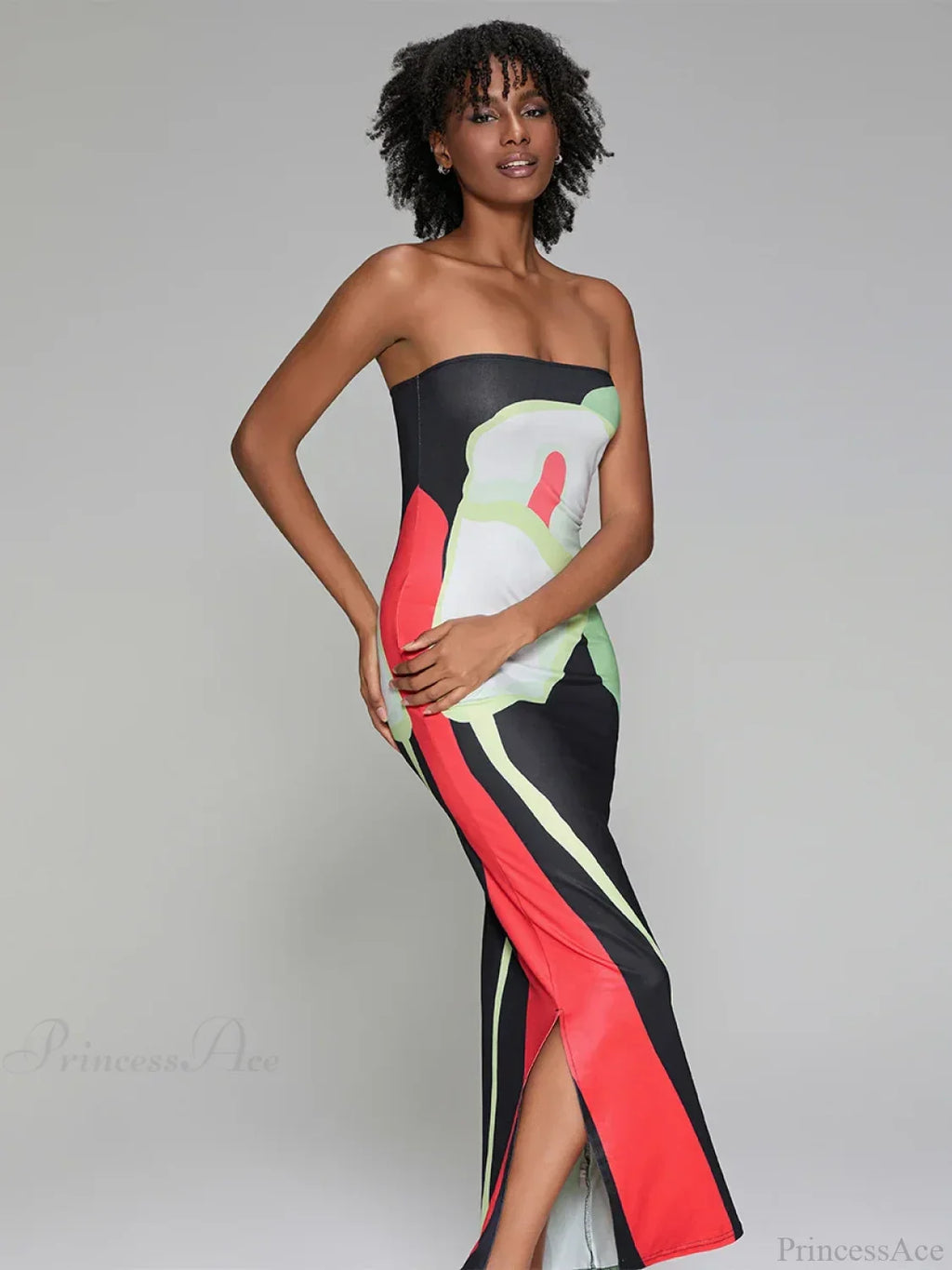Abstract Print Strapless Side Split Floral Dress