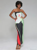 Abstract Print Strapless Side Split Floral Dress