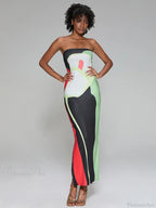 Abstract Print Strapless Side Split Floral Dress