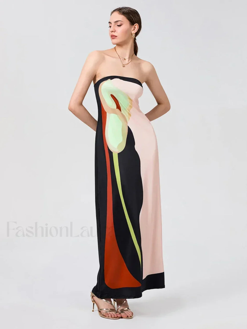 Abstract Strapless Loose Maxi Dress