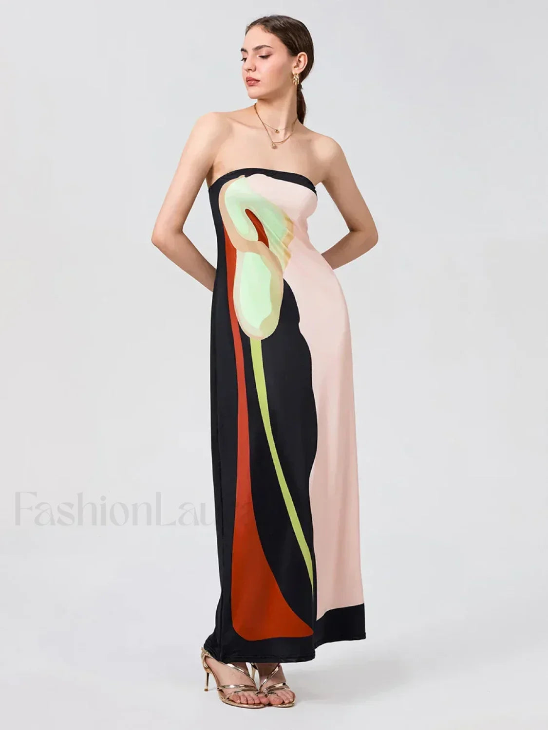 Abstract Strapless Loose Maxi Dress
