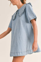 Solid Color Loose Short-sleeved Casual Ruffled Denim Mini Dress