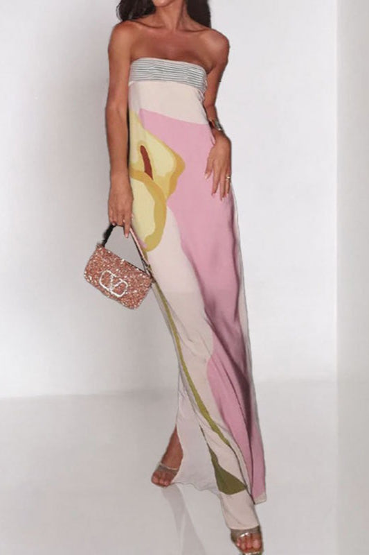 Strapless Oversized Abstract Floral Placement Print Column Maxi Dress
