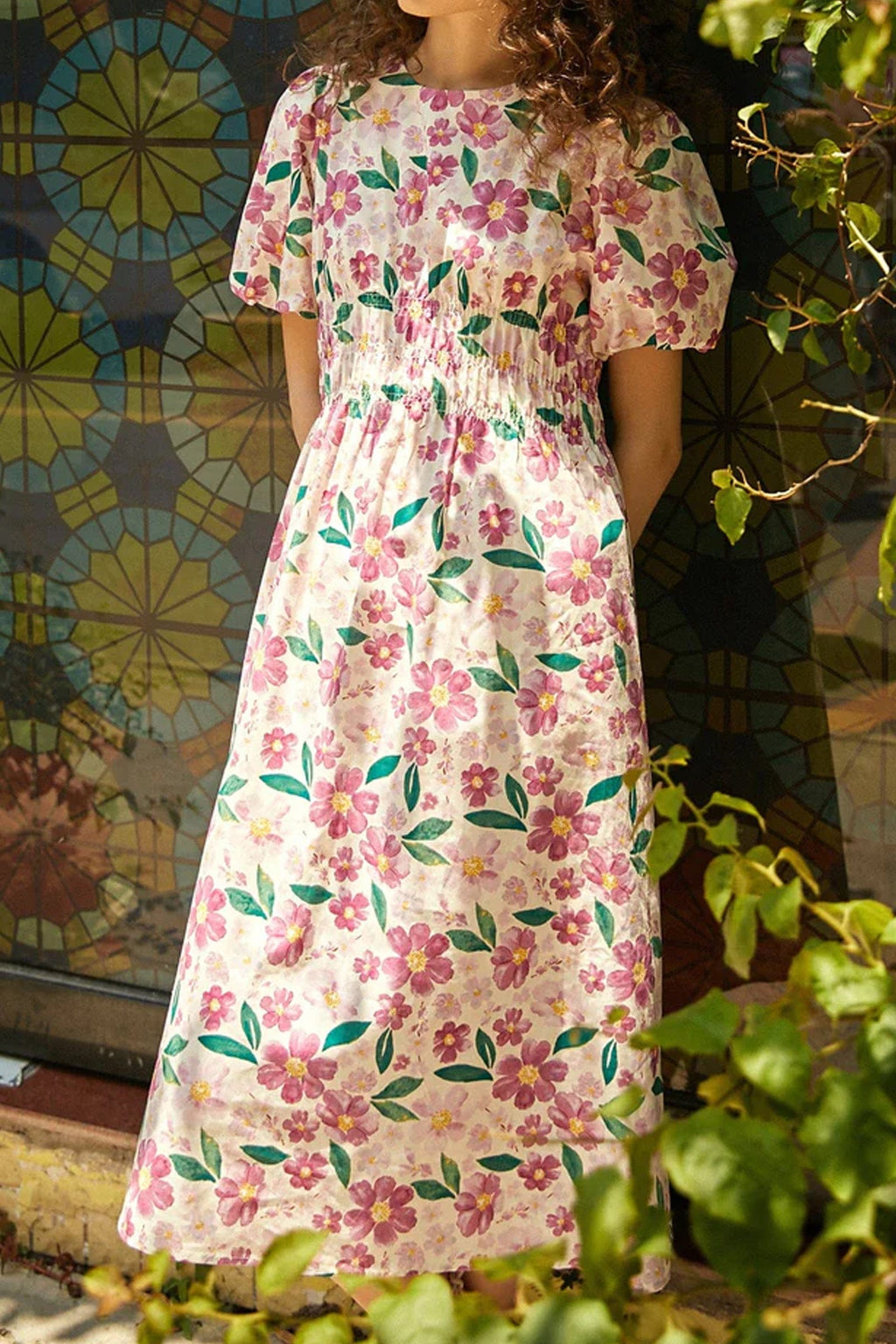 Floral Print Smocked Waist Puff Sleeve Crew Neck Midi Dress