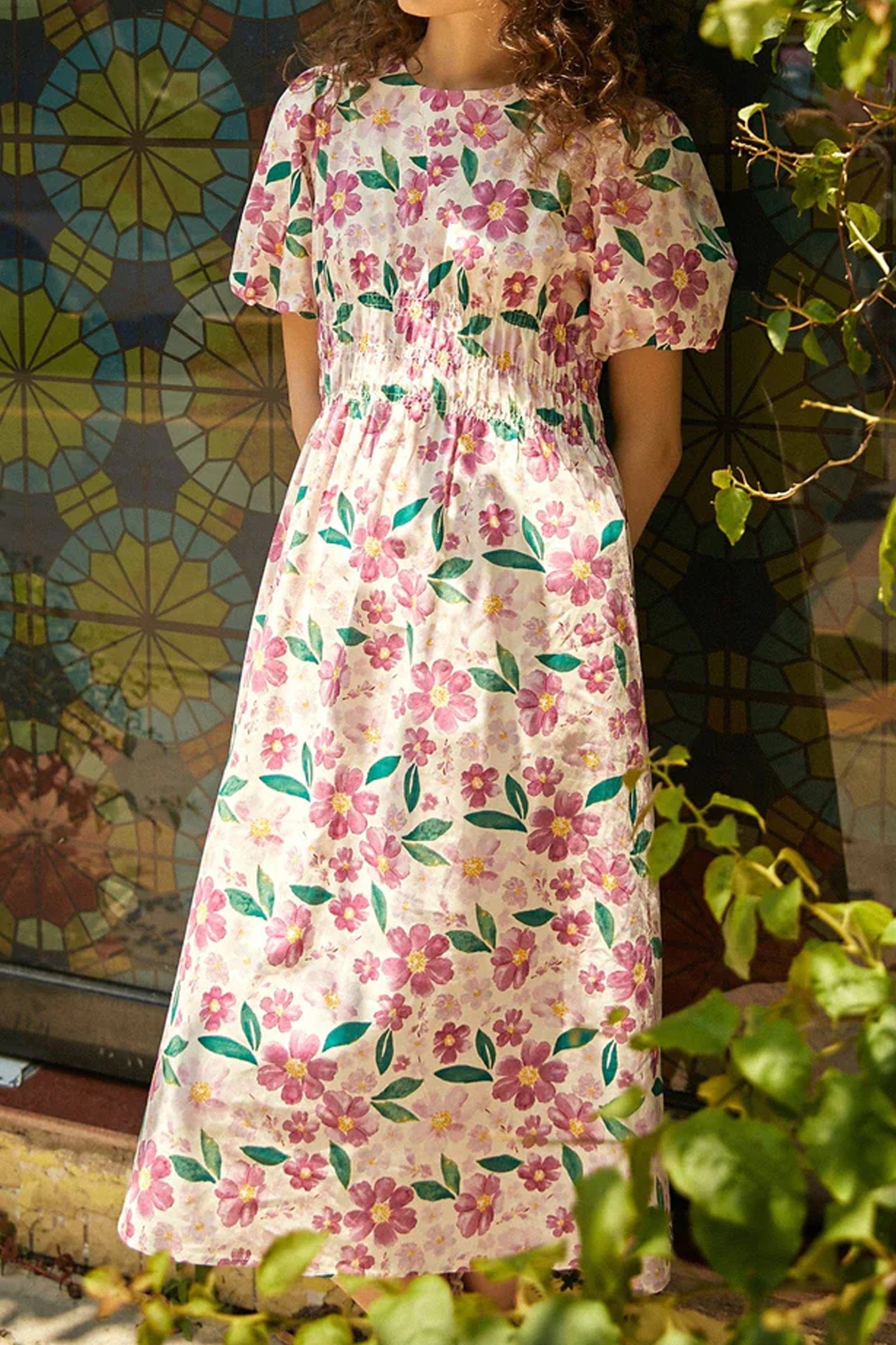 Floral Print Smocked Waist Puff Sleeve Crew Neck Midi Dress