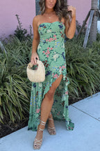 Botanical Print Off-shoulder Sleeveless Slim-fit High-slit Maxi Dress