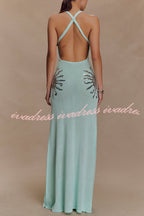 Sparkling Nights Knit Sunburst Sequin Detail Back Cross Straps Stretch Maxi Dress