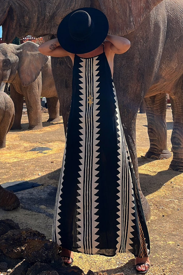 Geometric Tribal Print Square Neck Spaghetti Strap Maxi Dress