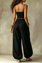 Olive Gypsy  pleated crop top and high-waisted wide-leg pants set
