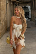 Floral Print Strapless Tiered Ruffle Scarf Collar Mini Dress