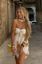Floral Print Strapless Tiered Ruffle Scarf Collar Mini Dress