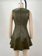 Sleeveless Olive Faux Leather Paneled Pleated Fit And Flare Mini Dress For Women 2026