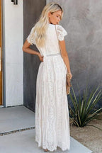 Deep V Neck Lace Cap Sleeve Empire Waist Scalloped Hem Maxi Dress
