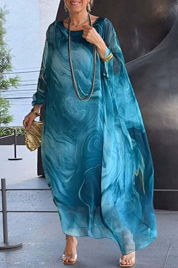 Marbled Print Crew Neck Batwing Sleeve Oversized Kaftan Maxi Dress