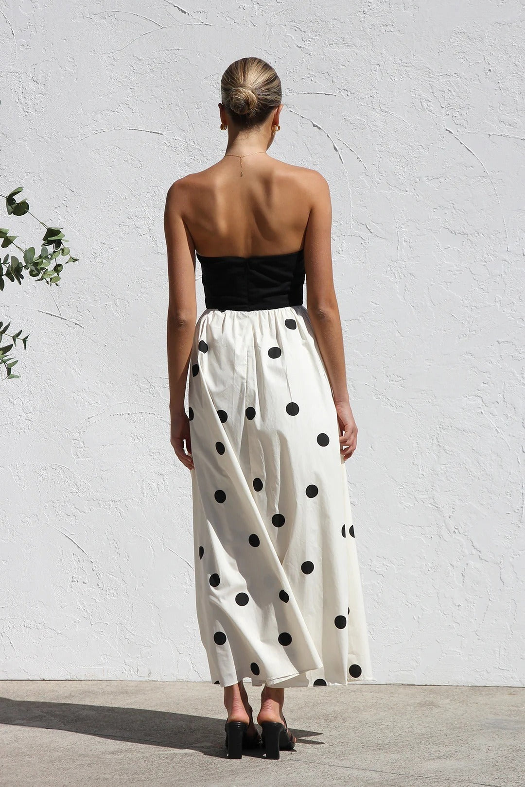 Black Polka Dot Print Strapless A-Line Maxi Dress