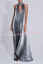 Celebration Party Pleated Metallic Fabric High Deep V-cutout Halter Neck A-line Maxi Dress