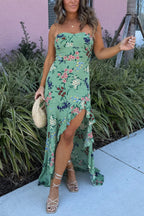 Botanical Print Off-shoulder Sleeveless Slim-fit High-slit Maxi Dress