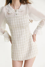 Mesh Yoke Peter Pan Collar Balloon Sleeve Tweed Pearl Trim Mini Dress