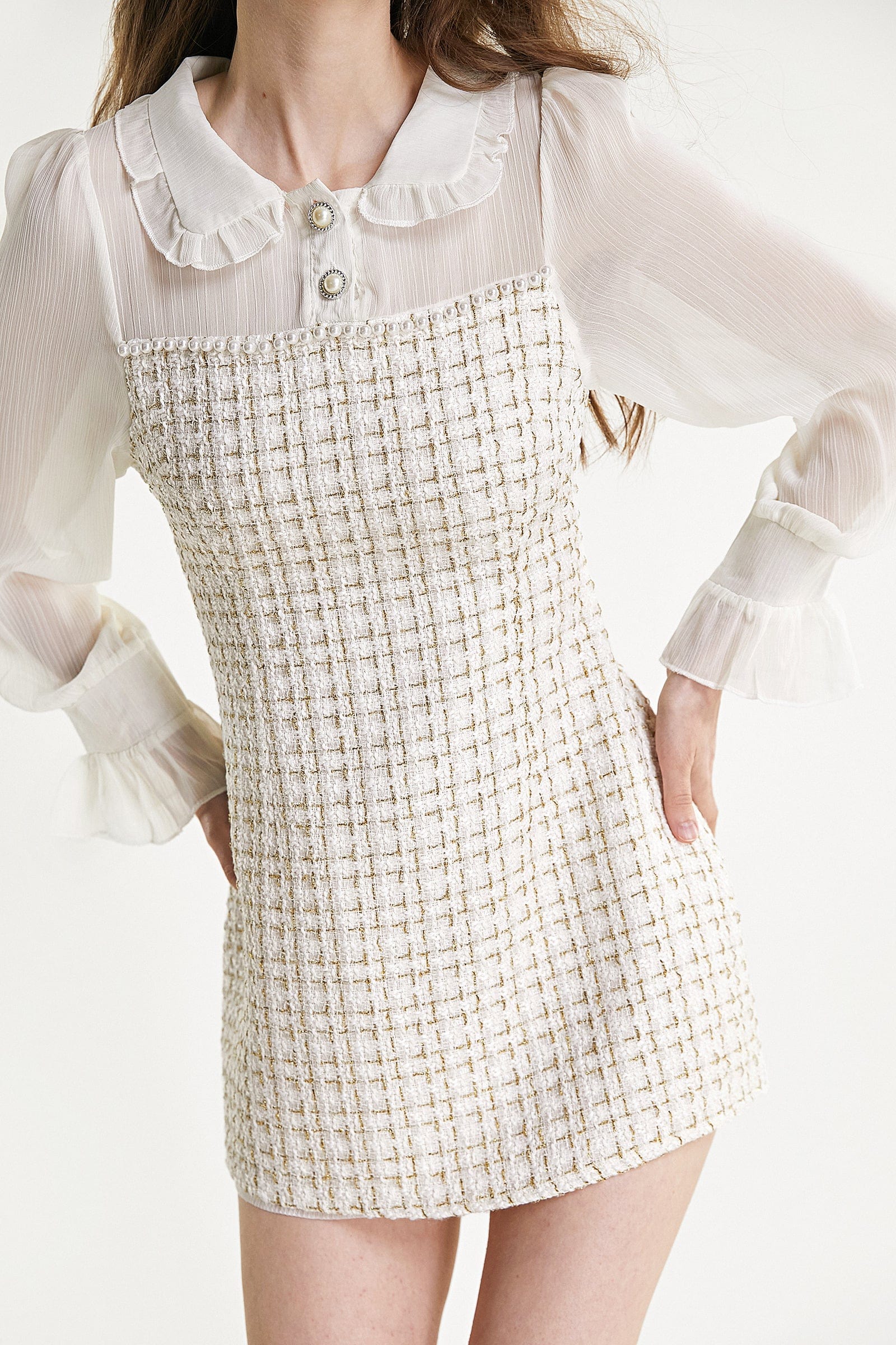 Mesh Yoke Peter Pan Collar Balloon Sleeve Tweed Pearl Trim Mini Dress