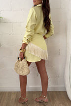 Sorena Linen Blend Button Up Long Sleeve Midi Blouse and Tassel Trim Warp Cover-up Mini Dress Set
