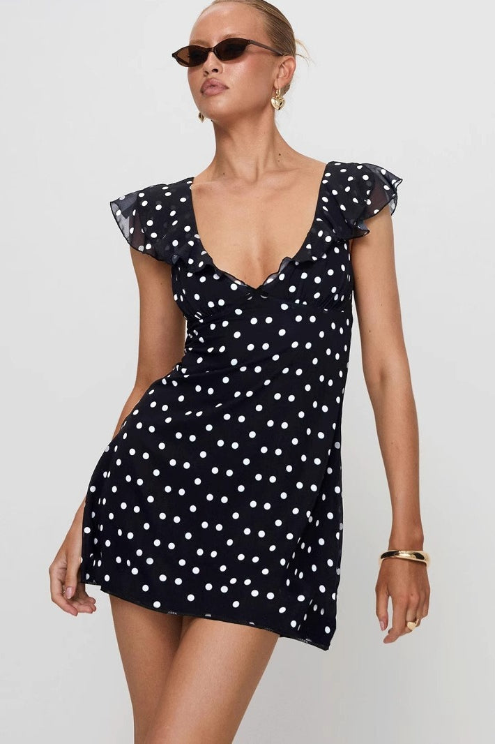 Black Polka Dot Mesh A-Line Mini Dress