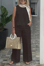 Solid Color Sleeveless Cotton Linen Suit