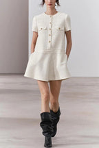 Rebekah Elevated 1960s London Girl Mini Dress in Textured Tweed with Gold Buttons and Short Sleeves and Pockets Boutique Collection