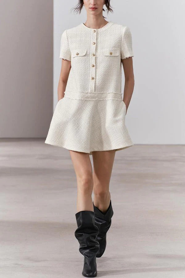 Rebekah Elevated 1960s London Girl Mini Dress in Textured Tweed with Gold Buttons and Short Sleeves and Pockets Boutique Collection