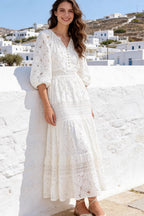 Eyelet Lace Tiered Puff Sleeve Button Front Midi Dress