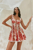 Red Square Neck Lace Trim Corset Lace Up Side Floral Print Mini Dress