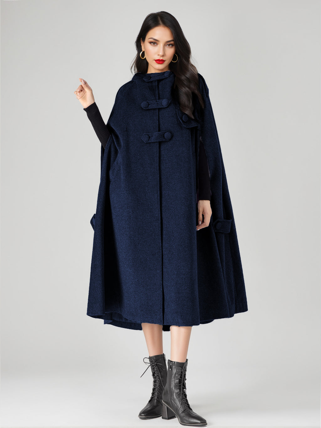 Wool Blend Cape Coat For Women Hooded Gray Oversized Long Poncho Outerwear 2026