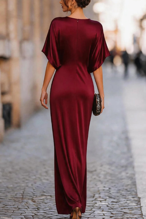 Solid Color Round Neck Short-sleeved Elegant Draped Maxi Dress